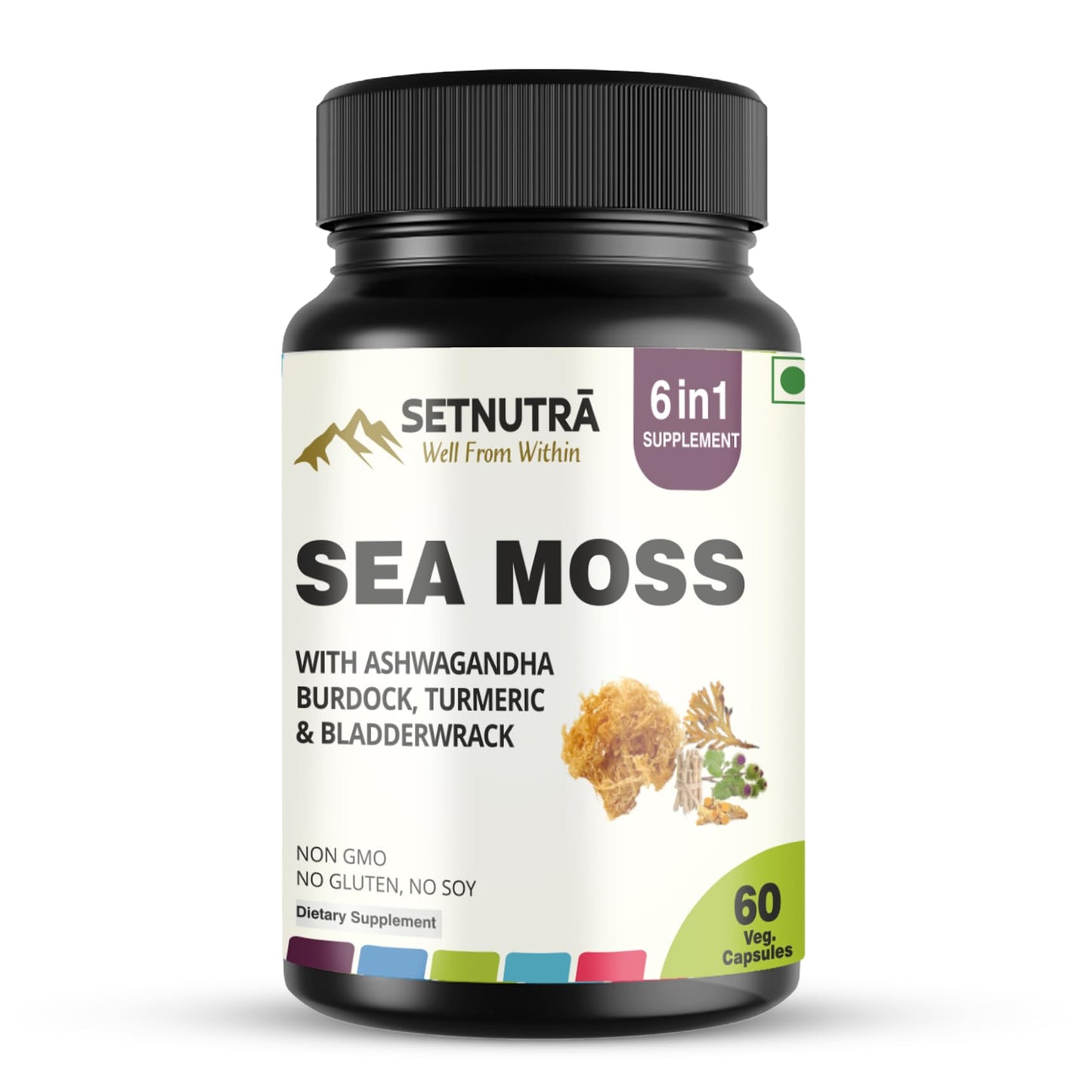SETNUTRA Well From Within Sea Moss 6 in 1 Super Blend Ashwagandha Burdock Turmeric & Bladderwrack Immunity & Detox Support 60 Veg Capsules Non GMO No Gluten - dailyvitalstore