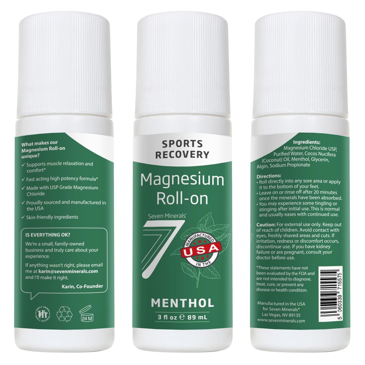 Seven Minerals Magnesium Roll On Stick with Menthol for Pain Relief - Cooling Magnesium Oil for Sports Recovery, Sore Muscles, Backache - Fast Acting - All Natural Alternative, 3 Fl Oz - dailyvitalstore