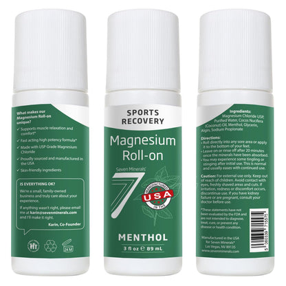 Seven Minerals Magnesium Roll On Stick with Menthol for Pain Relief - Cooling Magnesium Oil for Sports Recovery, Sore Muscles, Backache - Fast Acting - All Natural Alternative, 3 Fl Oz - dailyvitalstore