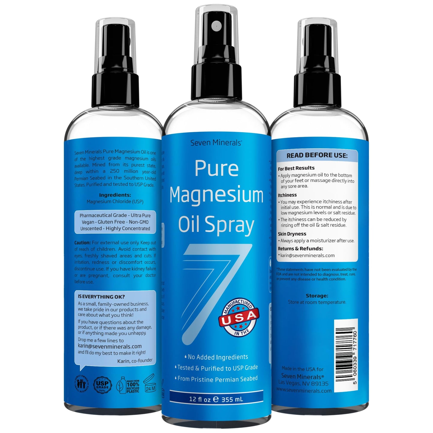 Seven Minerals Pure Magnesium Oil Spray, Big 12oz, USP Grade, Extra Strength, for Feet, Sleep, Muscle Pain & Cramps - Mined in The USA - dailyvitalstore