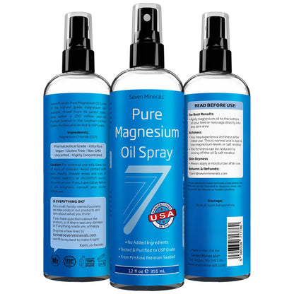 Seven Minerals Pure Magnesium Oil Spray, Big 12oz, USP Grade, Extra Strength, for Feet, Sleep, Muscle Pain & Cramps - Mined in The USA - dailyvitalstore