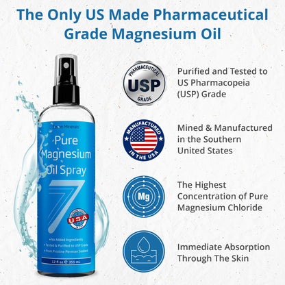 Seven Minerals Pure Magnesium Oil Spray, Big 12oz, USP Grade, Extra Strength, for Feet, Sleep, Muscle Pain & Cramps - Mined in The USA - dailyvitalstore