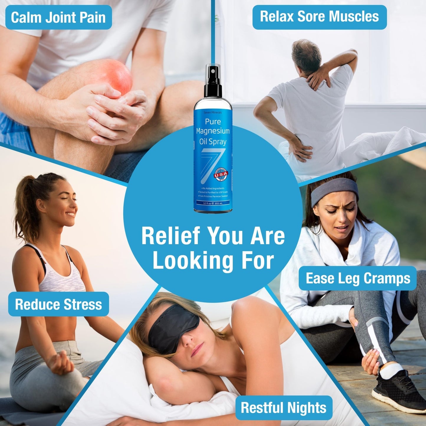 Seven Minerals Pure Magnesium Oil Spray, Big 12oz, USP Grade, Extra Strength, for Feet, Sleep, Muscle Pain & Cramps - Mined in The USA - dailyvitalstore