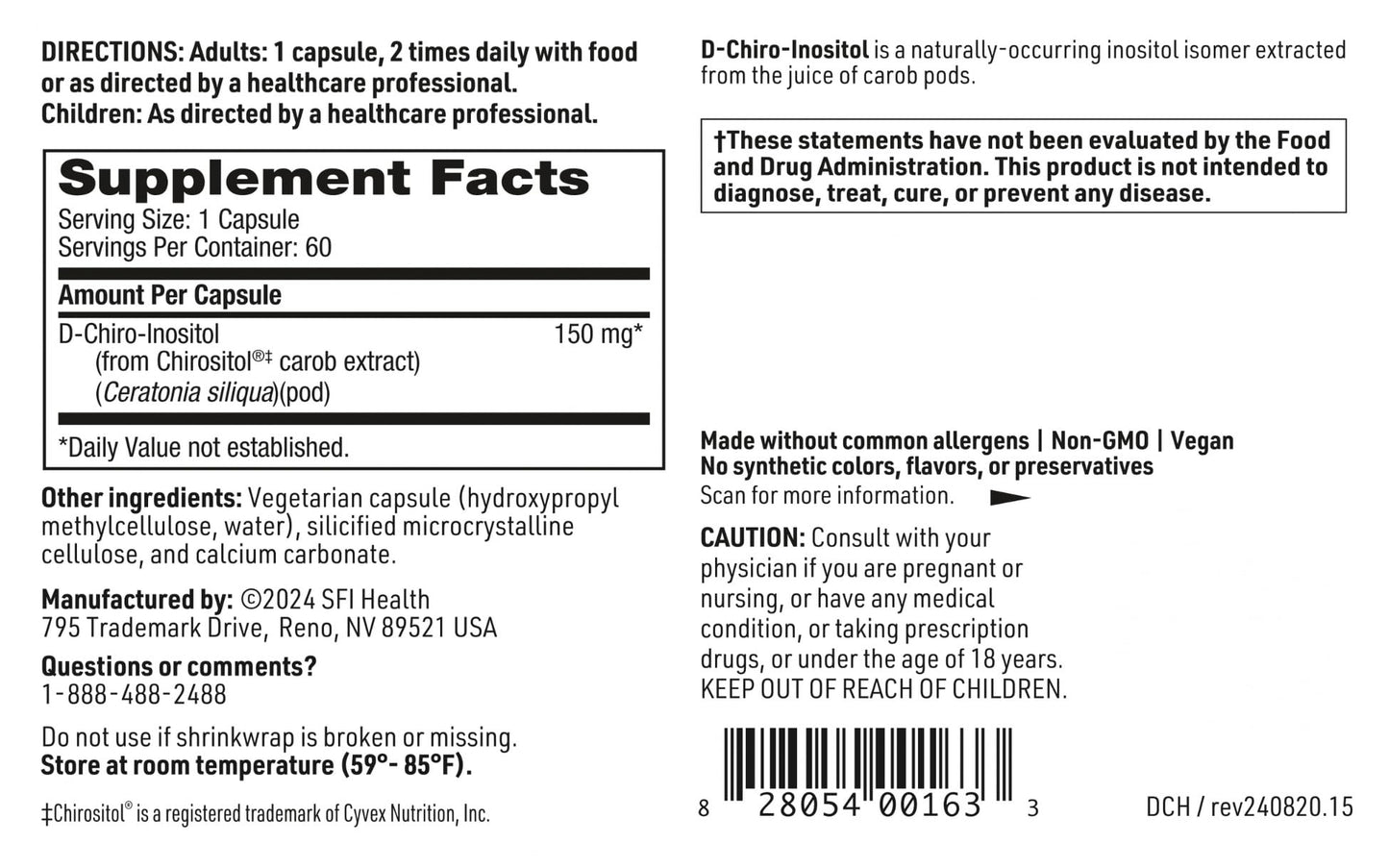 SFI Health Klaire Labs D-Chiro-Inositol - 150 Milligrams Hypoallergenic Supplement (60 Capsules) - dailyvitalstore