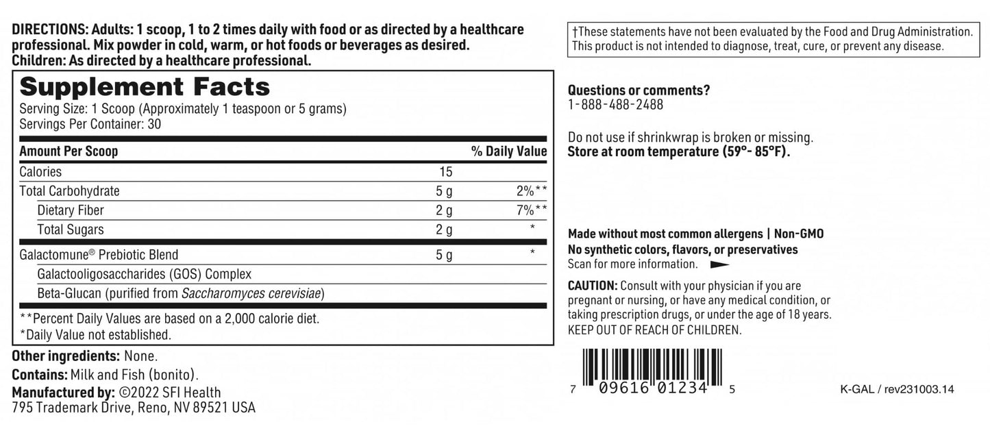 SFI Health Klaire Labs Galactomune Powder - Prebiotic Beta-Glucan & Galactooligosaccharides Immune Support (30 Servings, 150 Grams) - dailyvitalstore