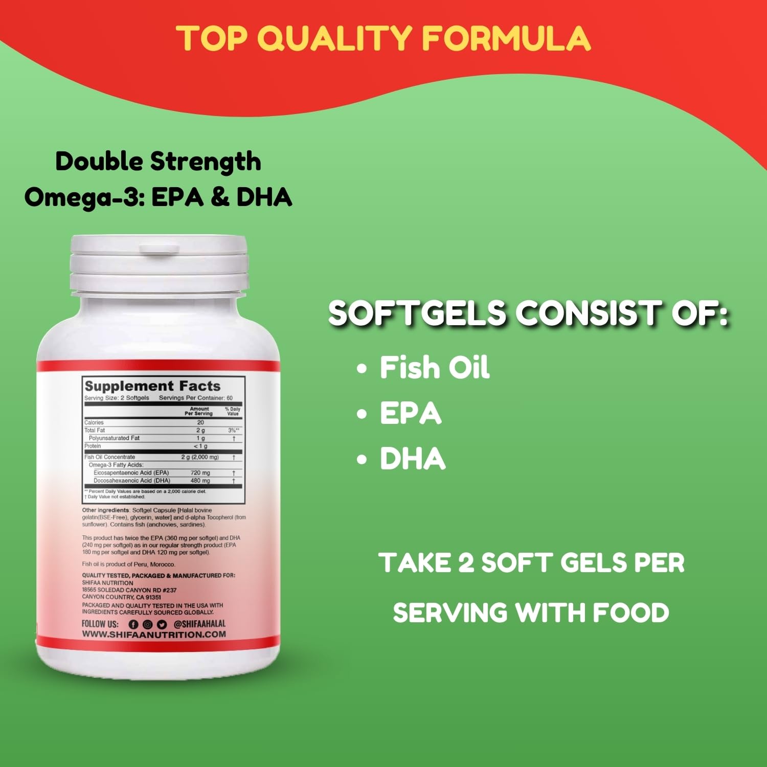 SHIFAA NUTRITION Halal Fish Oil Softgels 120 Ct, Double Strength - Halal Omega 3 Fish Oil Supplements. Wild Caught, Non-GMO & Purified - dailyvitalstore
