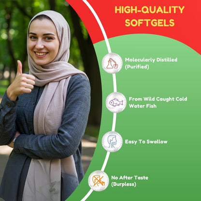 SHIFAA NUTRITION Halal Fish Oil Softgels 120 Ct, Double Strength - Halal Omega 3 Fish Oil Supplements. Wild Caught, Non-GMO & Purified - dailyvitalstore
