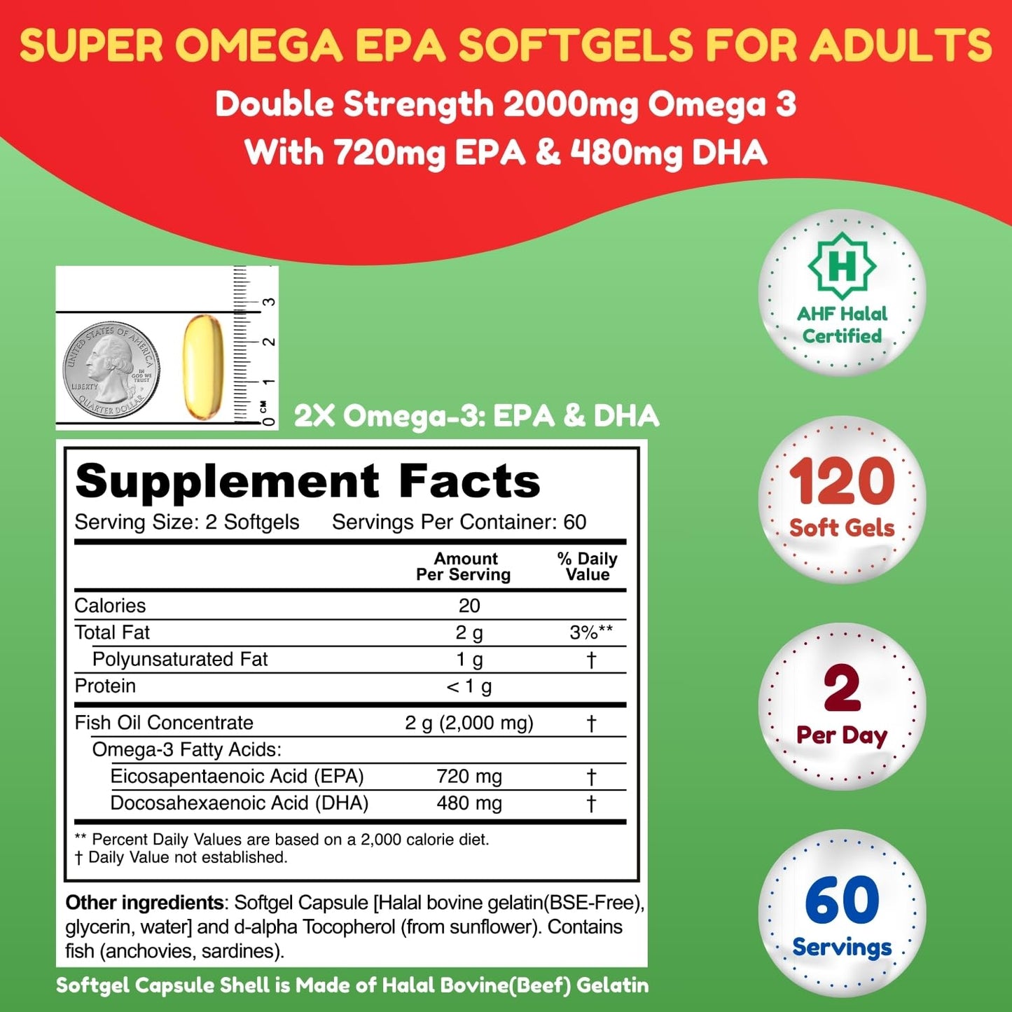 SHIFAA NUTRITION Halal Fish Oil Softgels 120 Ct, Double Strength - Halal Omega 3 Fish Oil Supplements. Wild Caught, Non-GMO & Purified - dailyvitalstore