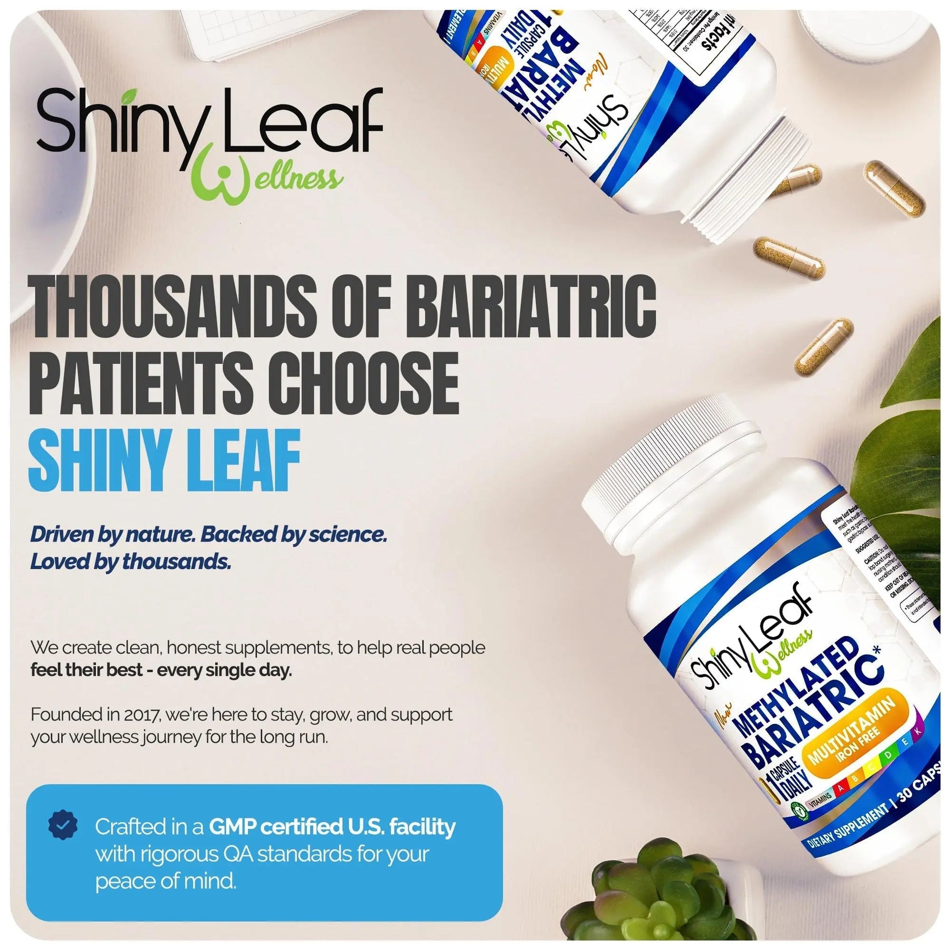 Shiny Leaf Methylated Bariatric Multivitamin Without Iron – Vitamins for Gastric Bypass & Sleeve, 1 Daily Capsule W Methylated Folate - dailyvitalstore