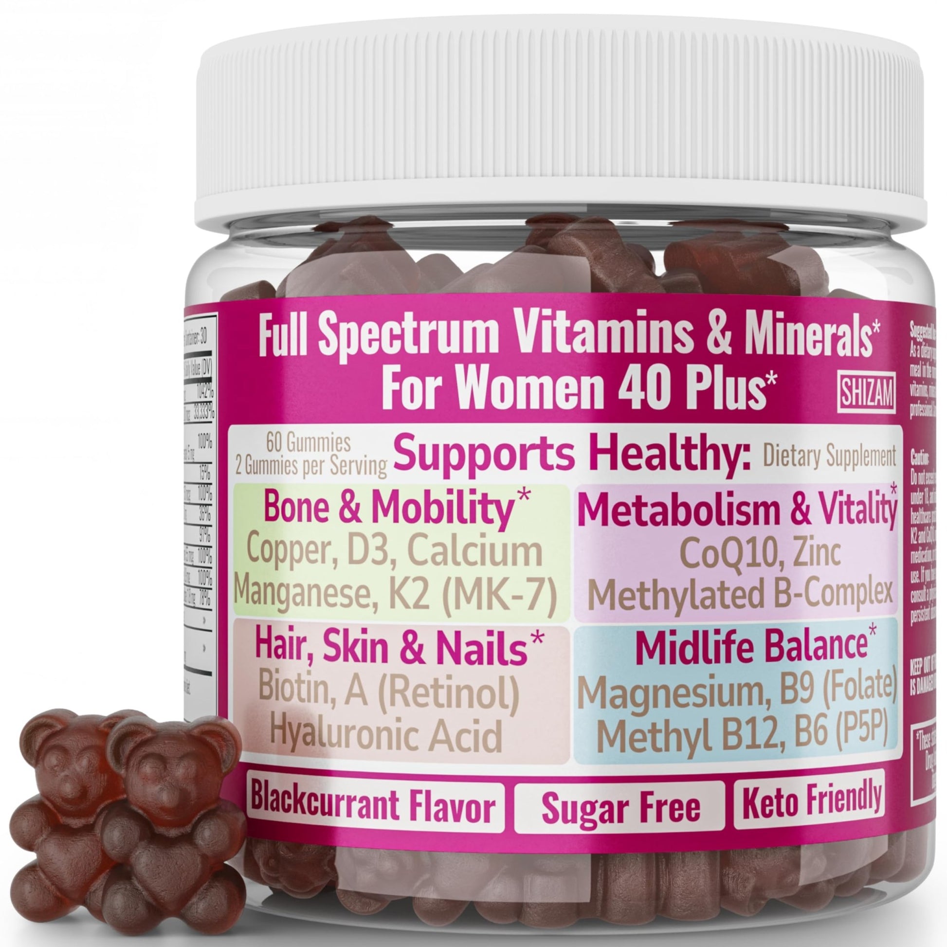 SHIZAM Vitamin D3 K2 MK-7 Gummies with Magnesium, Folate (5-MTHF), Methylfolate, CoQ10, B6 P5P & Methylated B-Complex for Women 40+ - dailyvitalstore