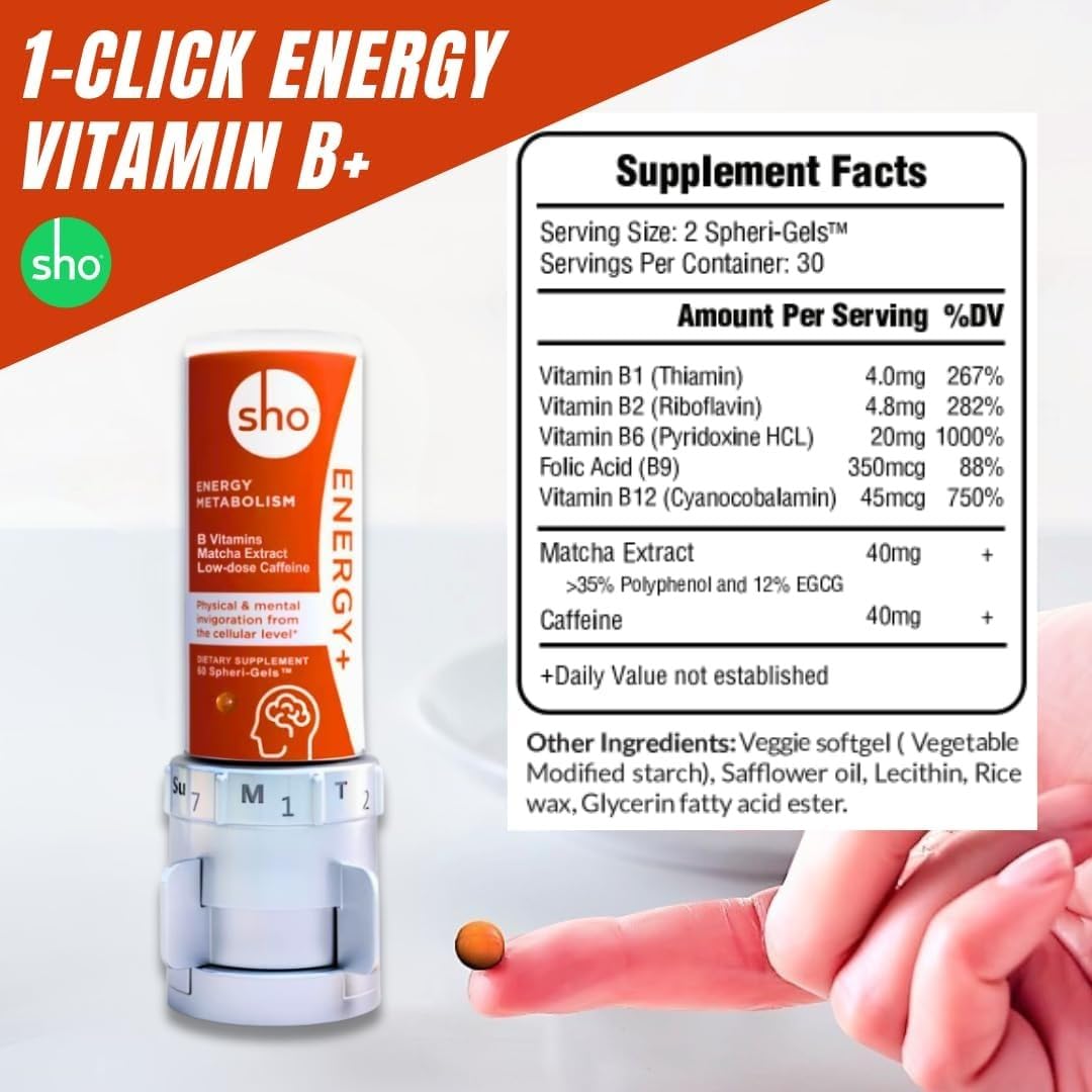 SHO Vegan Energy+ Focus Supplement Kit- Matcha Green Tea Extract, Methylated B Complex, Vitamin B and Caffeine Natural Energy Booster Without Crash, Jitters for Men and Women - 60 Pills Refill Bottle - dailyvitalstore