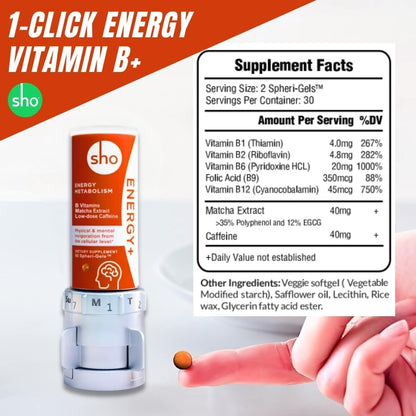 SHO Vegan Energy+ Focus Supplement Kit- Matcha Green Tea Extract, Methylated B Complex, Vitamin B and Caffeine Natural Energy Booster Without Crash, Jitters for Men and Women - 60 Pills Refill Bottle - dailyvitalstore