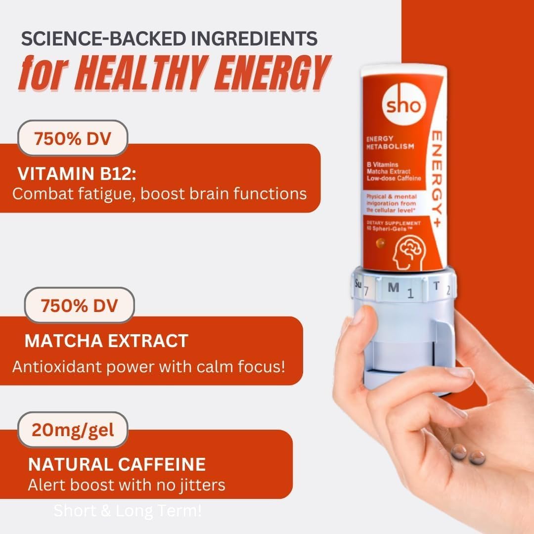 SHO Vegan Energy+ Focus Supplement Kit- Matcha Green Tea Extract, Methylated B Complex, Vitamin B and Caffeine Natural Energy Booster Without Crash, Jitters for Men and Women - 60 Pills Refill Bottle - dailyvitalstore