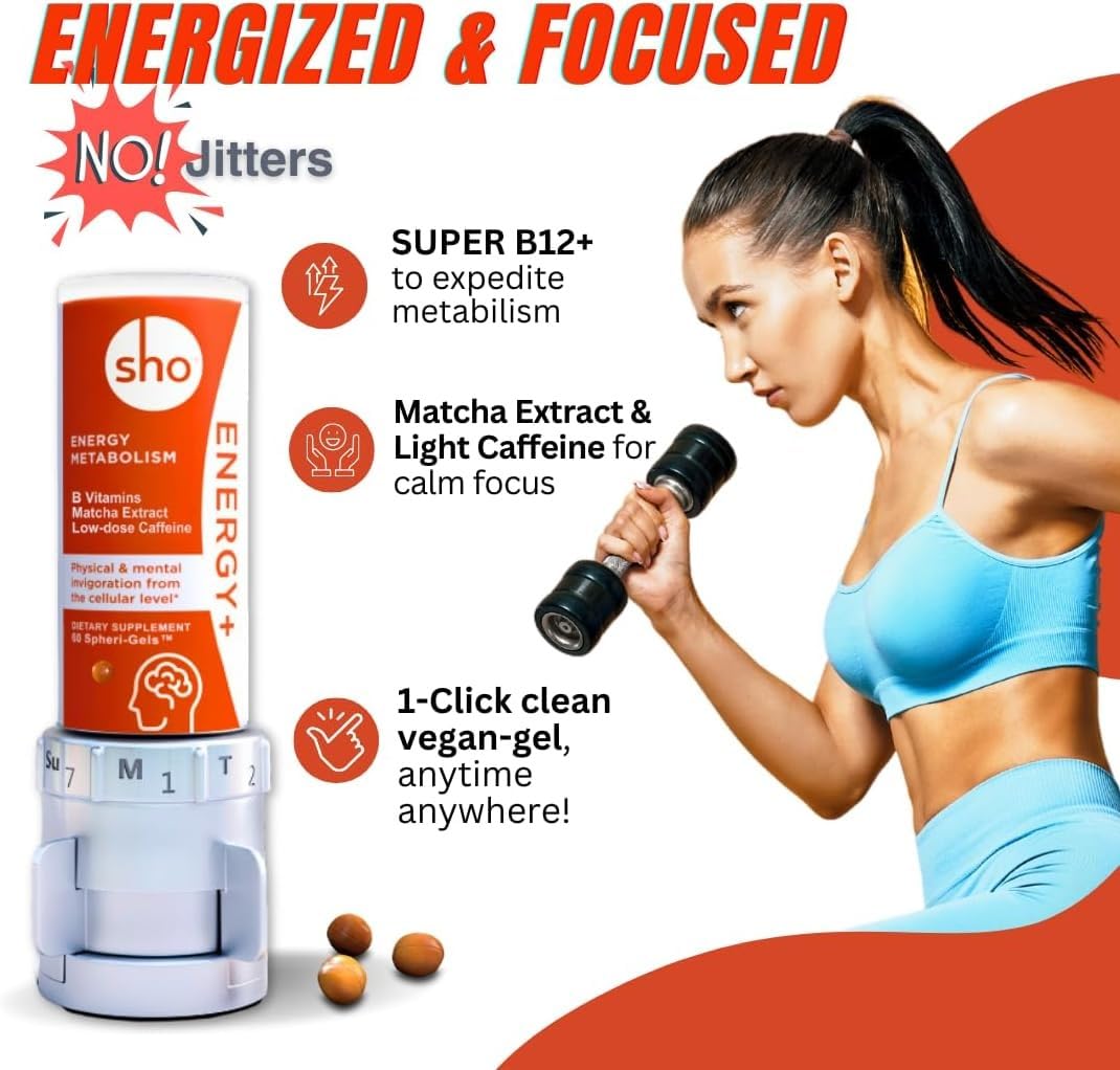 SHO Vegan Energy+ Focus Supplement Kit- Matcha Green Tea Extract, Methylated B Complex, Vitamin B and Caffeine Natural Energy Booster Without Crash, Jitters for Men and Women - 60 Pills Refill Bottle - dailyvitalstore