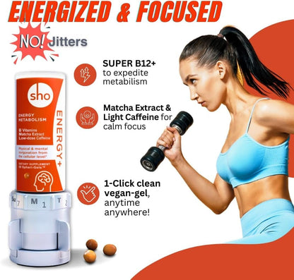 SHO Vegan Energy+ Focus Supplement Kit- Matcha Green Tea Extract, Methylated B Complex, Vitamin B and Caffeine Natural Energy Booster Without Crash, Jitters for Men and Women - 60 Pills Refill Bottle - dailyvitalstore