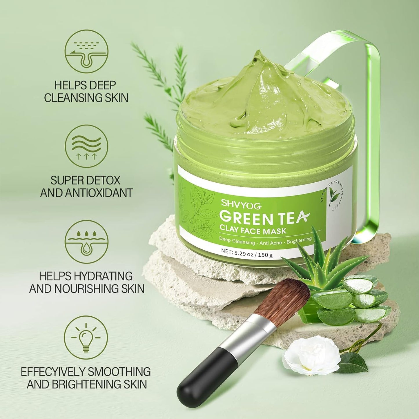 SHVYOG Green Tea Face Mask, Antioxidant Green Tea Clay Mask with Volcanic Mud, Deep Cleansing & Moisturizing & Hydrating Clay Facial Mask - dailyvitalstore