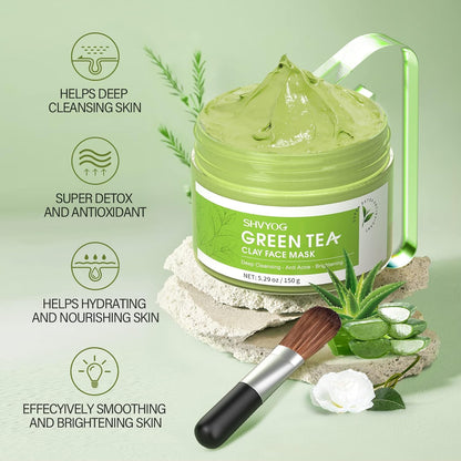 SHVYOG Green Tea Face Mask, Antioxidant Green Tea Clay Mask with Volcanic Mud, Deep Cleansing & Moisturizing & Hydrating Clay Facial Mask - dailyvitalstore