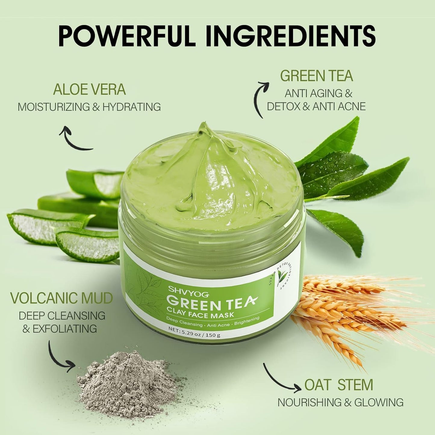 SHVYOG Green Tea Face Mask, Antioxidant Green Tea Clay Mask with Volcanic Mud, Deep Cleansing & Moisturizing & Hydrating Clay Facial Mask - dailyvitalstore