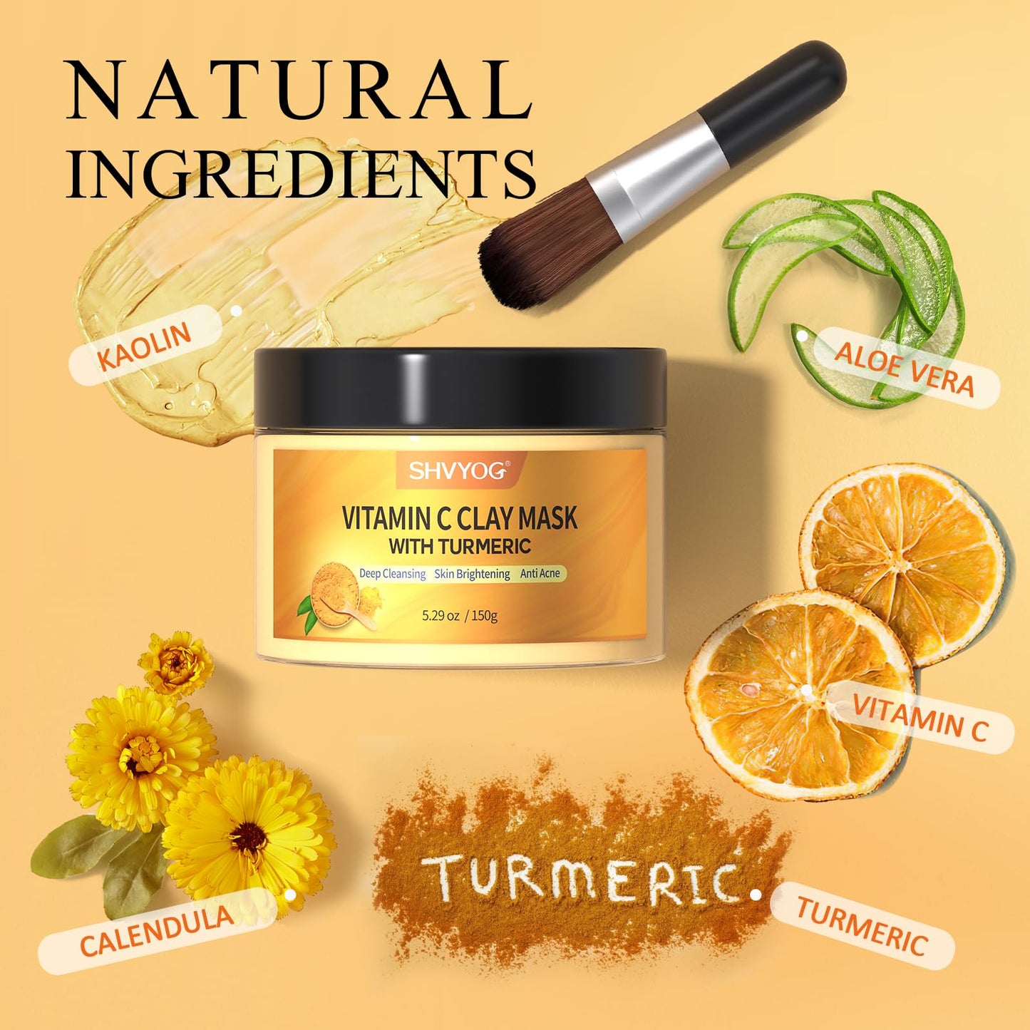 SHVYOG Turmeric Vitamin C Clay Mask with Kaolin Clay for Dull & Blemish-Prone Skin, Deep Cleansing Facial Mask, Face Masks Skincare for Controlling Oil - dailyvitalstore