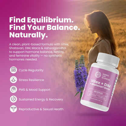 SIERRA LIFE SCIENCES Hormonal Balance Blend for Women – Vitex, DIM, Shatavari + Adaptogenic Support – Menstrual & Menopause Relief – Vegan, Clean-Label Formula – 4600mg – (Pack of 3) - dailyvitalstore