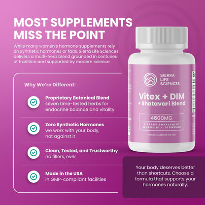 SIERRA LIFE SCIENCES Hormonal Balance Blend for Women – Vitex, DIM, Shatavari + Adaptogenic Support – Menstrual & Menopause Relief – Vegan, Clean-Label Formula – 4600mg – (Pack of 2) - dailyvitalstore