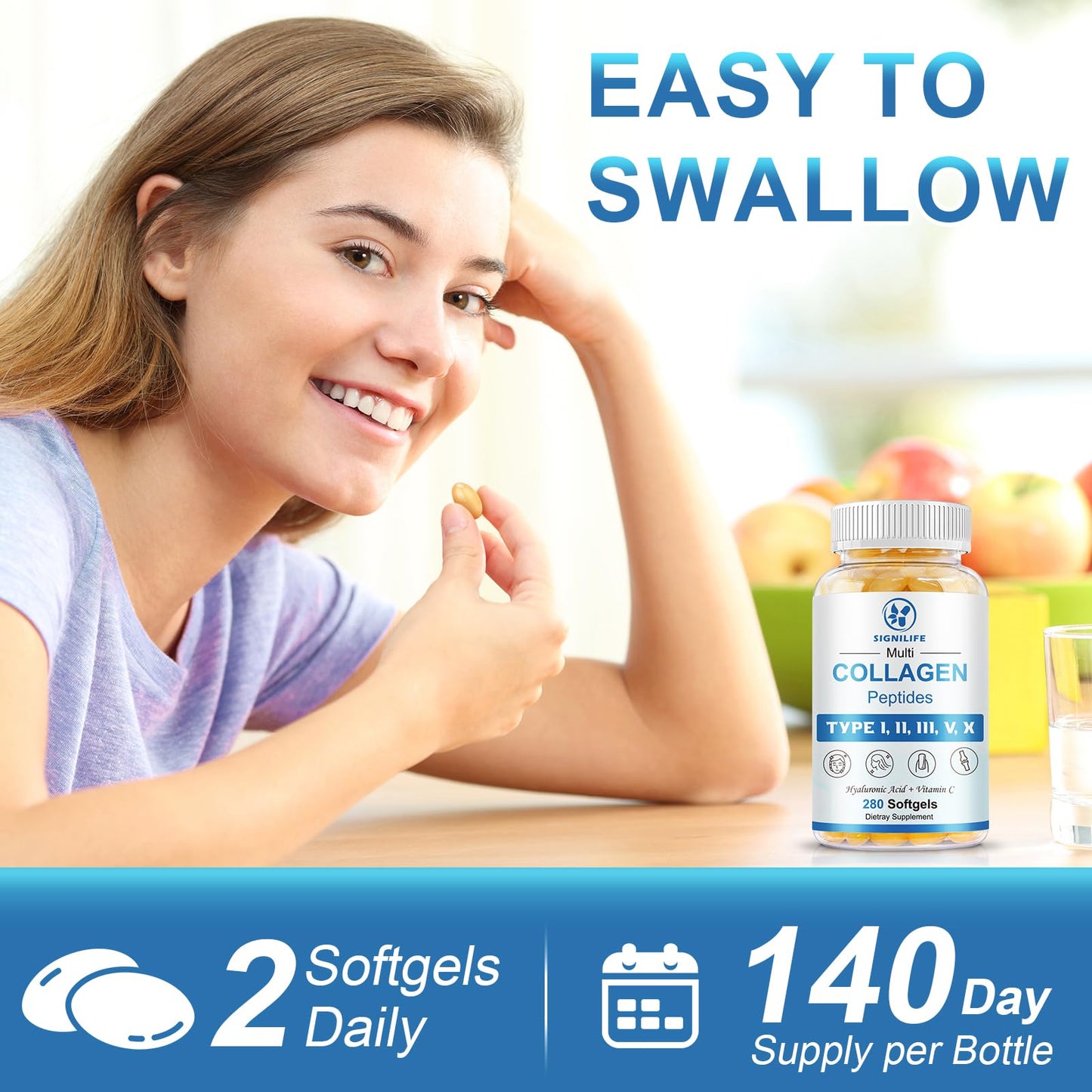SIGNILIFE Multi Collagen Peptides for Women & Men, Hydrolyzed Collagen Peptides-Type I, II, III, V, X - with Hyaluronic Acid,Vitamin C,Biotin - dailyvitalstore