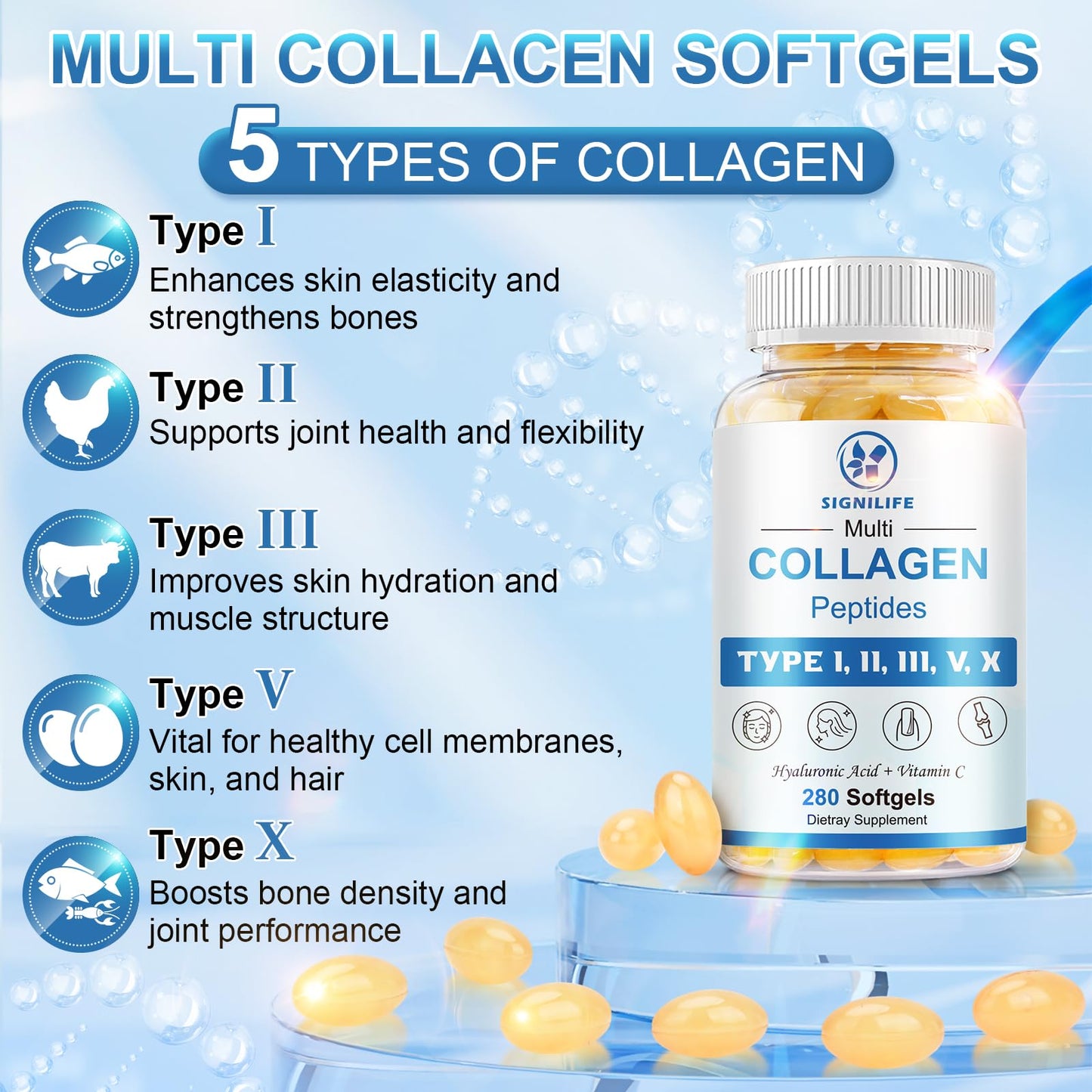 SIGNILIFE Multi Collagen Peptides for Women & Men, Hydrolyzed Collagen Peptides-Type I, II, III, V, X - with Hyaluronic Acid,Vitamin C,Biotin - dailyvitalstore