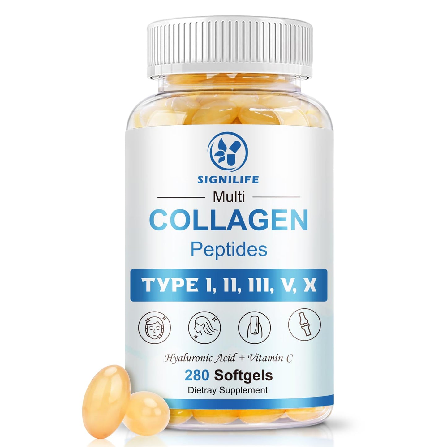 SIGNILIFE Multi Collagen Peptides for Women & Men, Hydrolyzed Collagen Peptides-Type I, II, III, V, X - with Hyaluronic Acid,Vitamin C,Biotin - dailyvitalstore