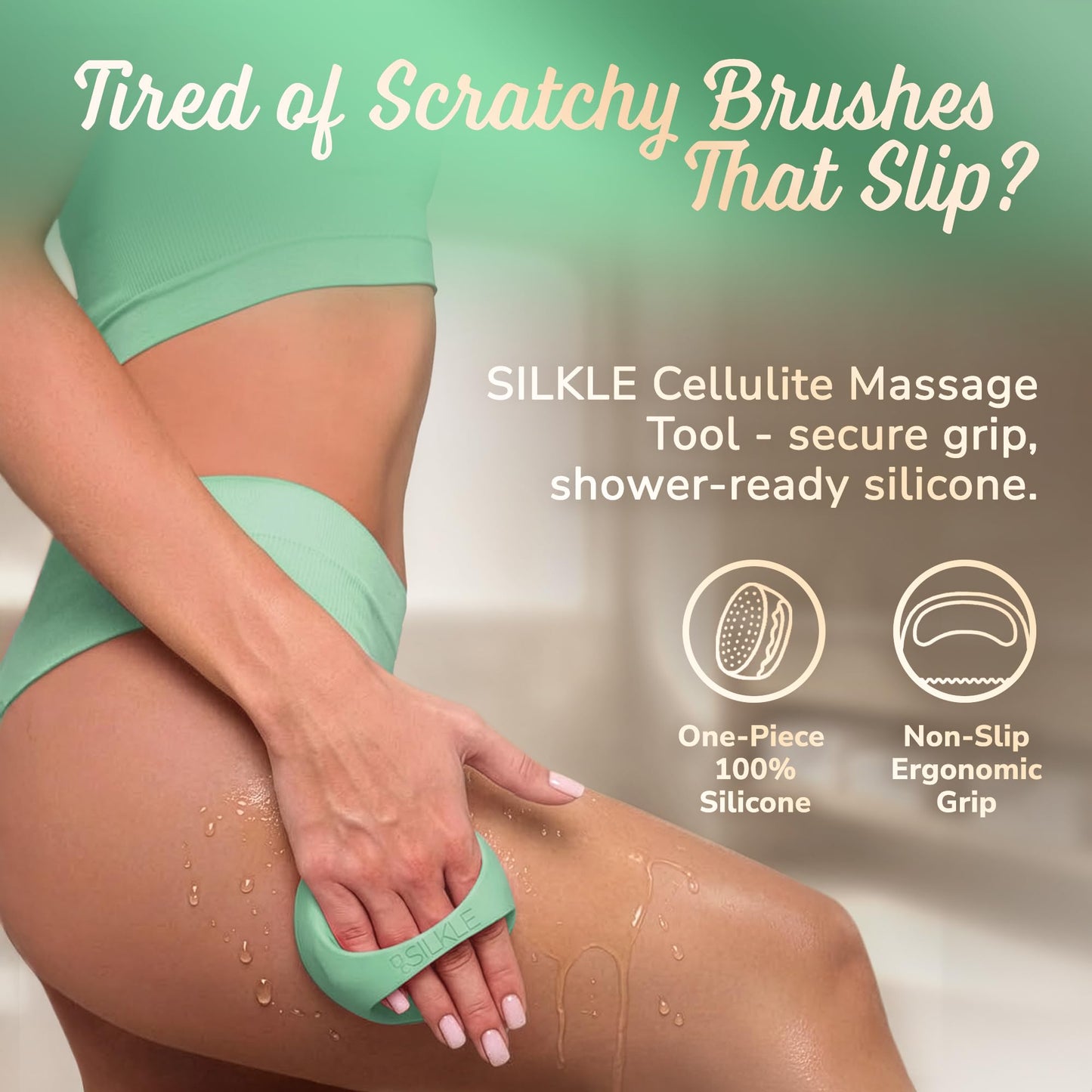 SILKLE Cellulite Massage Tool & Lymphatic Drainage Massager - Silicone Anti Cellulite Massage Brush for Body Sculpting with Ergonomic Handle - Cellulite Remover for Legs, Thighs and Belly - Green - dailyvitalstore