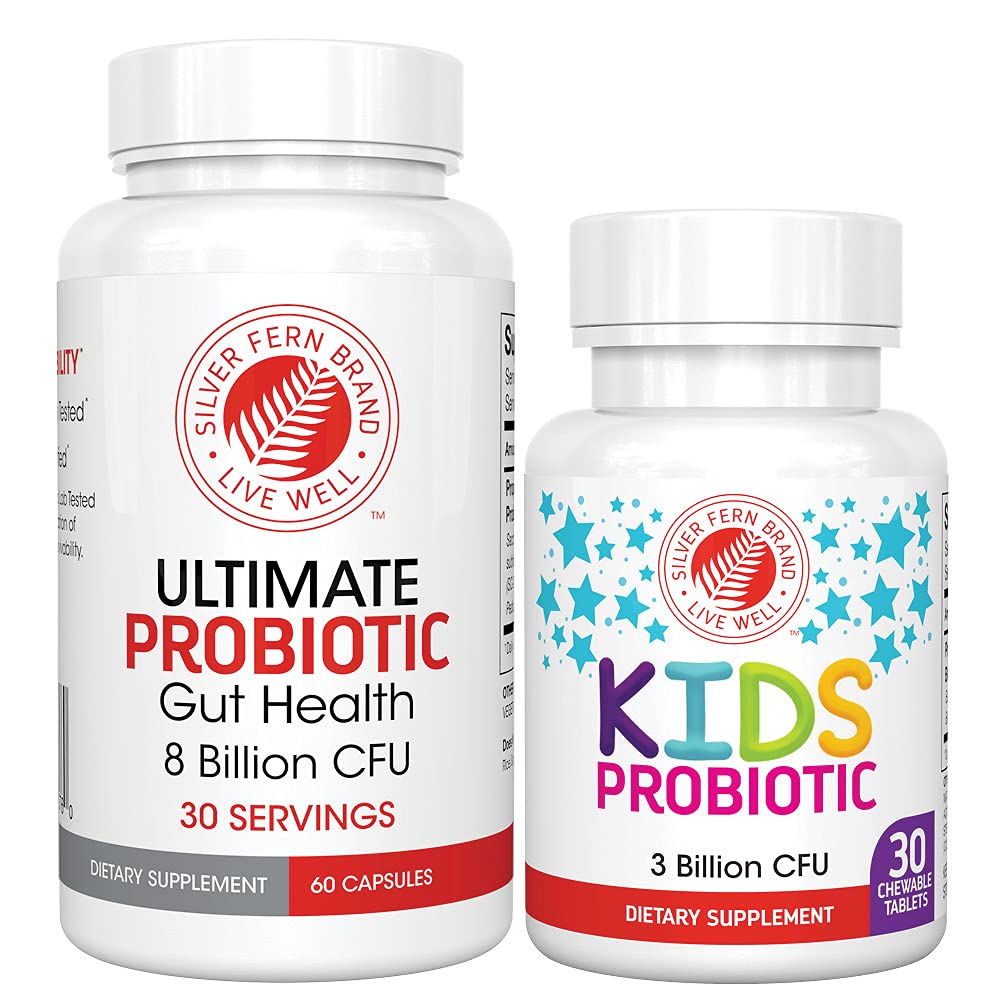 Silver Fern Brand Family Probiotics - Ultimate Adult Probiotic (1 Bottle = 60 Capsules) Plus Ultimate Children's Probiotic for Kids (1 Bottle = 30 Chewables) - Gut Health & Microbiome Support - dailyvitalstore