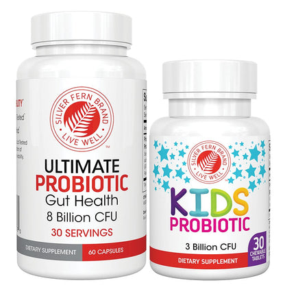 Silver Fern Brand Family Probiotics - Ultimate Adult Probiotic (1 Bottle = 60 Capsules) Plus Ultimate Children's Probiotic for Kids (1 Bottle = 30 Chewables) - Gut Health & Microbiome Support - dailyvitalstore