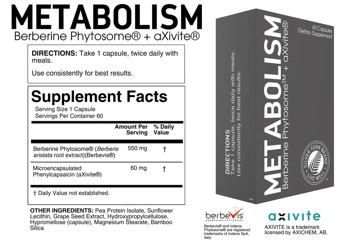 Silver Fern Brand Metabolism Supplement + Berberine Phytosome & aXivite – Supports Function & Wellness – 60 Capsules - dailyvitalstore