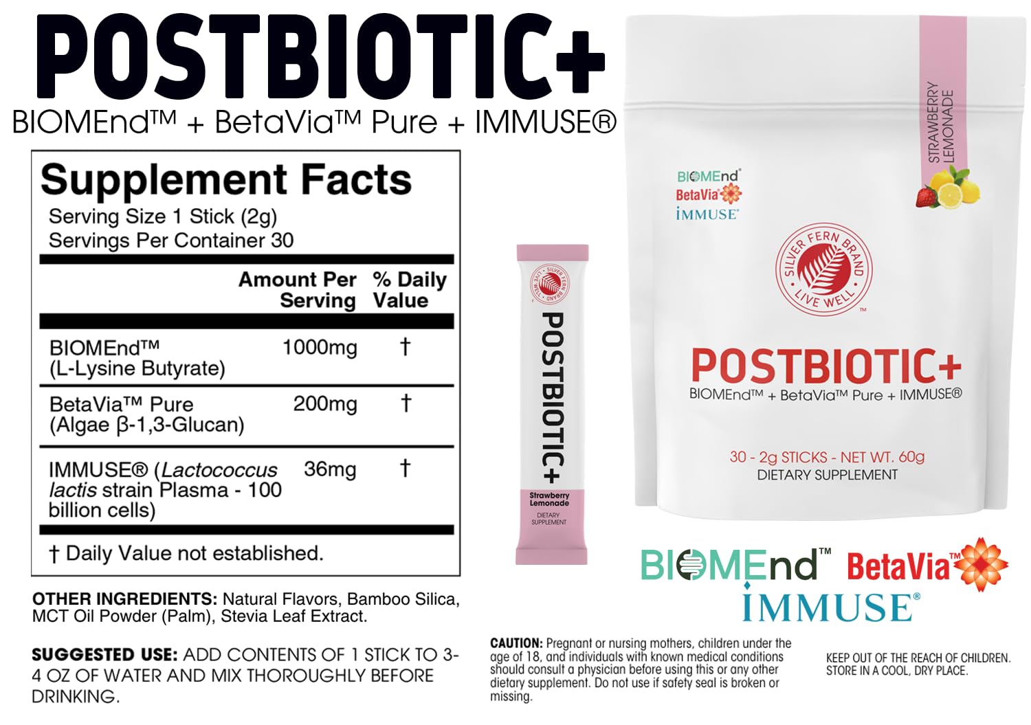 Silver Fern Brand Postbiotic+ Strawberry Lemonade Powder – Postbiotic Supplement with BIOMend™, BetaVia™, and Immuse® – Supports The Digestive System - dailyvitalstore