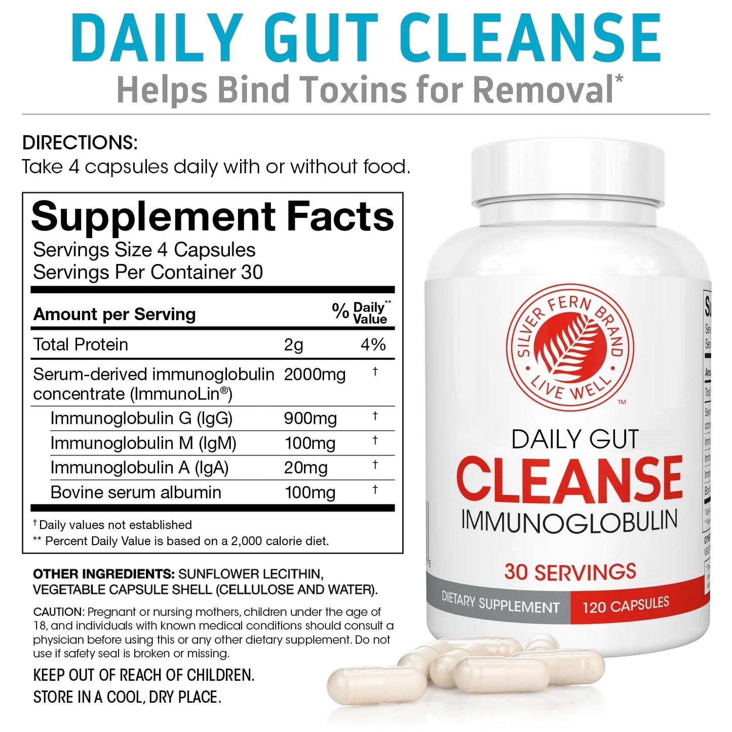 Silver Fern Cleanse - Daily Gut - 1 Bottle - 120 Capsules - 30 Day Supply - Immunoglobulin G, A & M -(IgG, IGA, IgM) - Postbiotic - dailyvitalstore