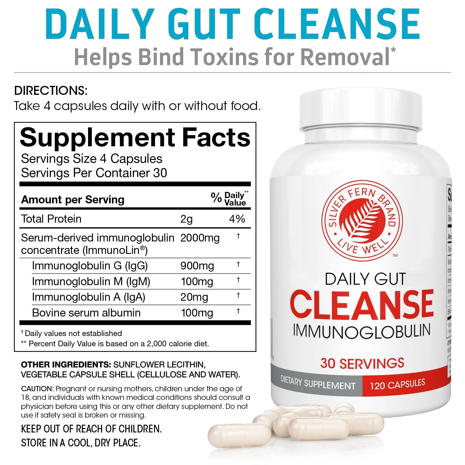 Silver Fern Cleanse - Daily Gut - 1 Bottle - 120 Capsules - 30 Day Supply - Immunoglobulin G, A & M -(IgG, IGA, IgM) - Postbiotic - dailyvitalstore
