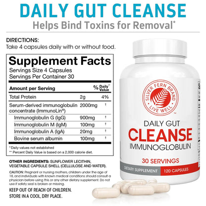 Silver Fern Cleanse - Daily Gut - 1 Bottle - 120 Capsules - 30 Day Supply - Immunoglobulin G, A & M -(IgG, IGA, IgM) - Postbiotic - dailyvitalstore