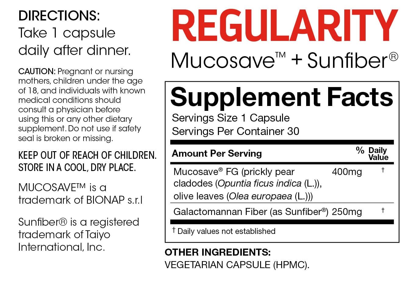 Silver Fern Regularity Digestive Supplement Capsules Brand - 1 Bottle = 30 Capsules = 30 Day Supply - Mucosave FG (Prickly Pear Polysaccharides & Olive Leaf Polyphenols) & SunFiber - dailyvitalstore