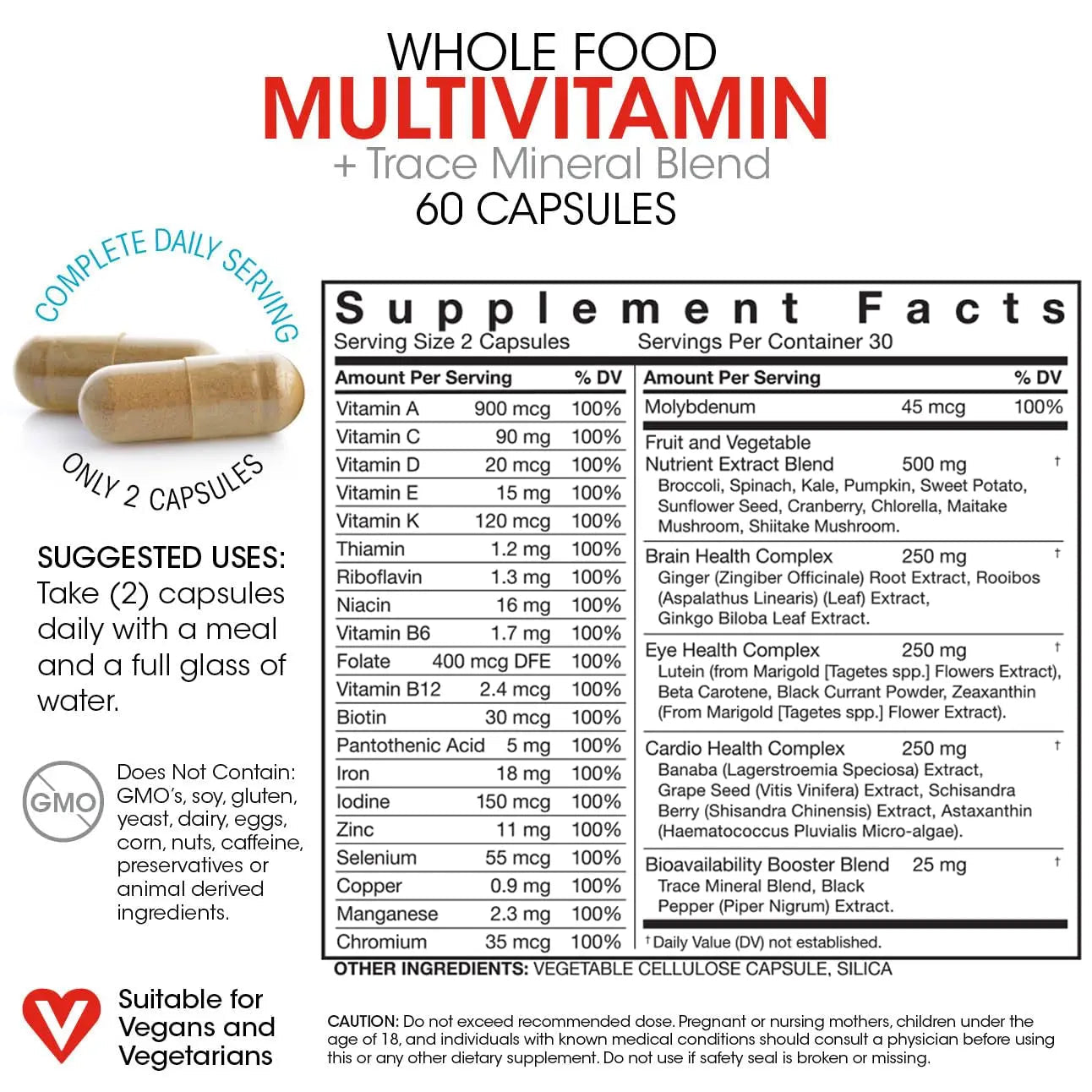 Silver Fern Whole Food Daily Multi Vitamin w/Trace Mineral Blend Supplement - 1 Bottle - 60 Vegicaps - 30 Day Supply - Natural - dailyvitalstore