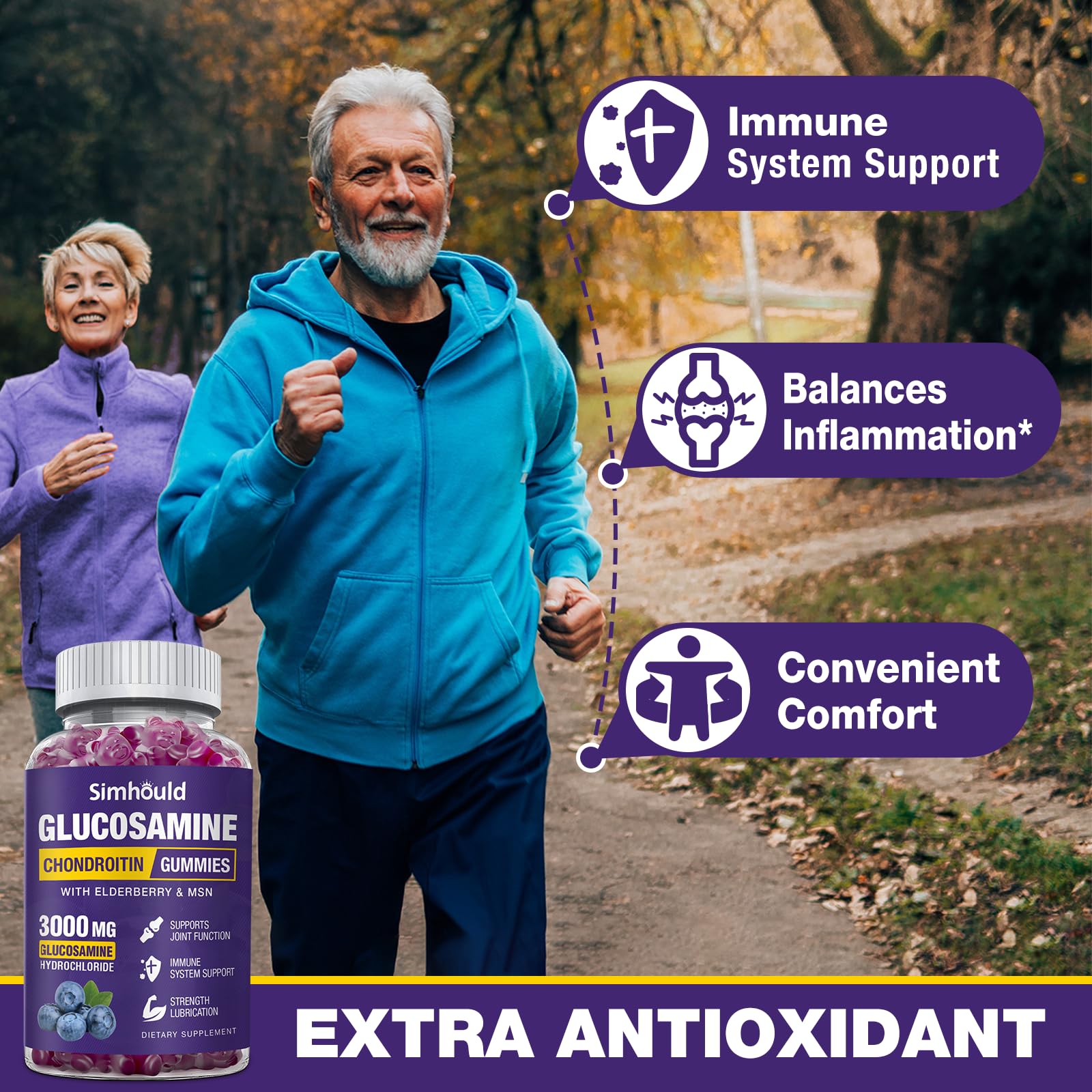 Simhould 2 Packs Glucosamine Chondroitin Gummies - 3000MG Extra Strength Joint Support Supplement with MSM & Elderberry, Flexibility, Antioxidant Immune Support - dailyvitalstore