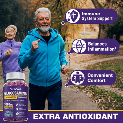 Simhould 2 Packs Glucosamine Chondroitin Gummies - 3000MG Extra Strength Joint Support Supplement with MSM & Elderberry, Flexibility, Antioxidant Immune Support - dailyvitalstore