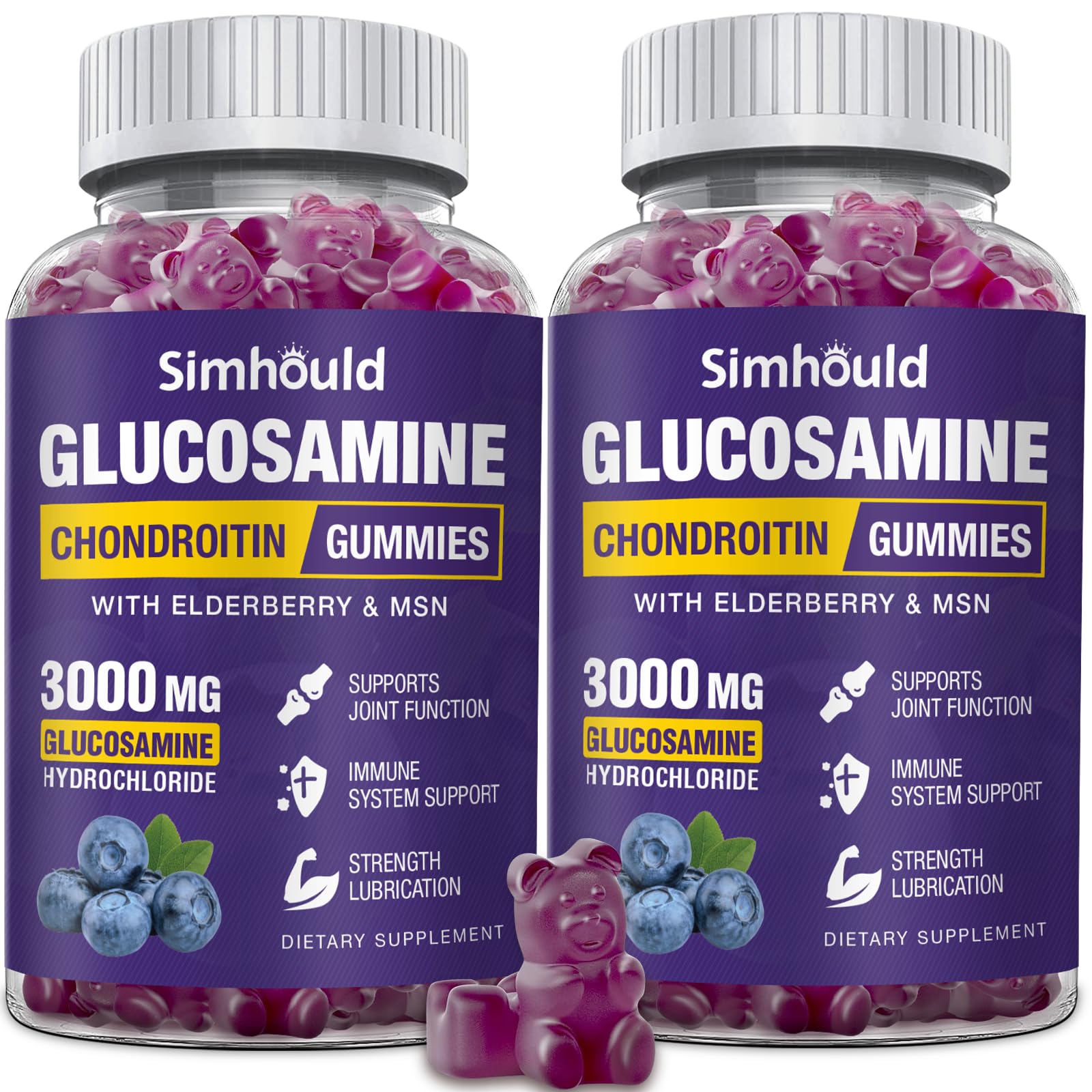 Simhould 2 Packs Glucosamine Chondroitin Gummies - 3000MG Extra Strength Joint Support Supplement with MSM & Elderberry, Flexibility, Antioxidant Immune Support - dailyvitalstore