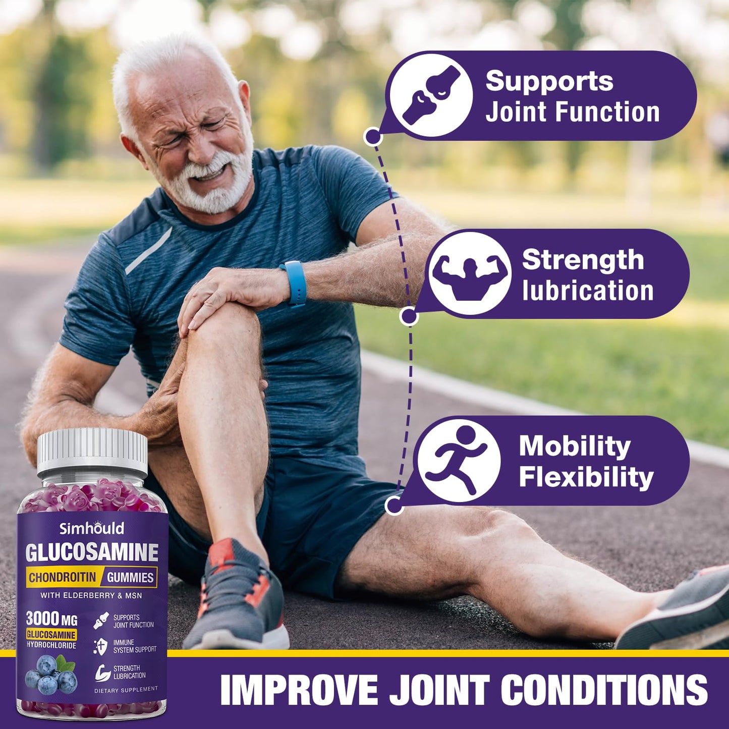 Simhould 2 Packs Glucosamine Chondroitin Gummies - 3000MG Extra Strength Joint Support Supplement with MSM & Elderberry, Flexibility, Antioxidant Immune Support - dailyvitalstore