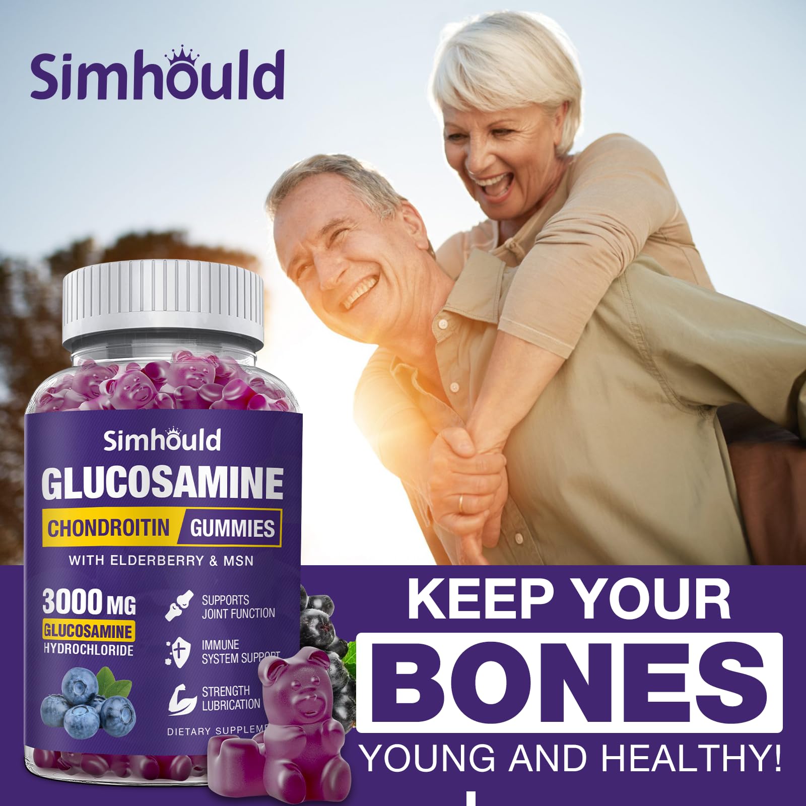 Simhould 2 Packs Glucosamine Chondroitin Gummies - 3000MG Extra Strength Joint Support Supplement with MSM & Elderberry, Flexibility, Antioxidant Immune Support - dailyvitalstore
