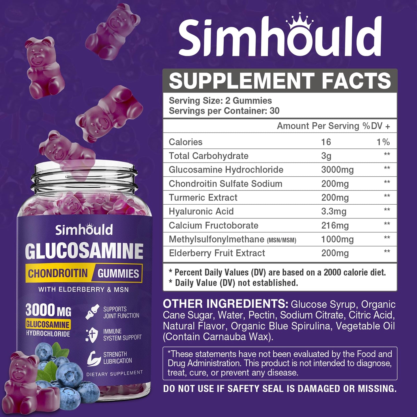Simhould 2 Packs Glucosamine Chondroitin Gummies - 3000MG Extra Strength Joint Support Supplement with MSM & Elderberry, Flexibility, Antioxidant Immune Support - dailyvitalstore