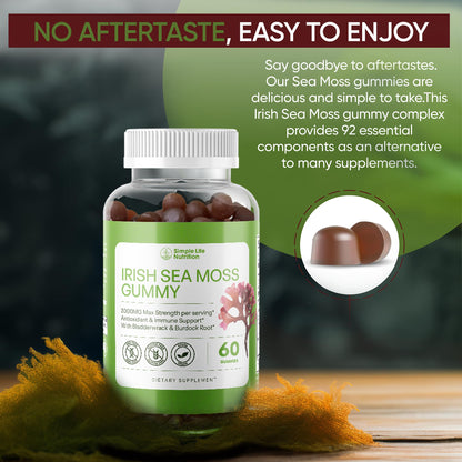 Simple Life Nutrition Organic Irish Sea Moss Gummies - Burdock Root and Bladderwrack Natural Blend - Immune System Gut Cleanse & Thyroid Supplement - Skin and Nail Health - 60CT - dailyvitalstore