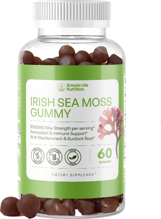 Simple Life Nutrition Organic Irish Sea Moss Gummies - Burdock Root and Bladderwrack Natural Blend - Immune System Gut Cleanse & Thyroid Supplement - Skin and Nail Health - 60CT - dailyvitalstore