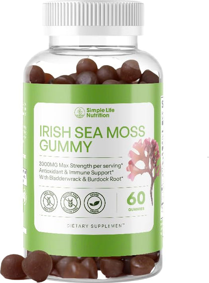 Simple Life Nutrition Organic Irish Sea Moss Gummies - Burdock Root and Bladderwrack Natural Blend - Immune System Gut Cleanse & Thyroid Supplement - Skin and Nail Health - 60CT - dailyvitalstore