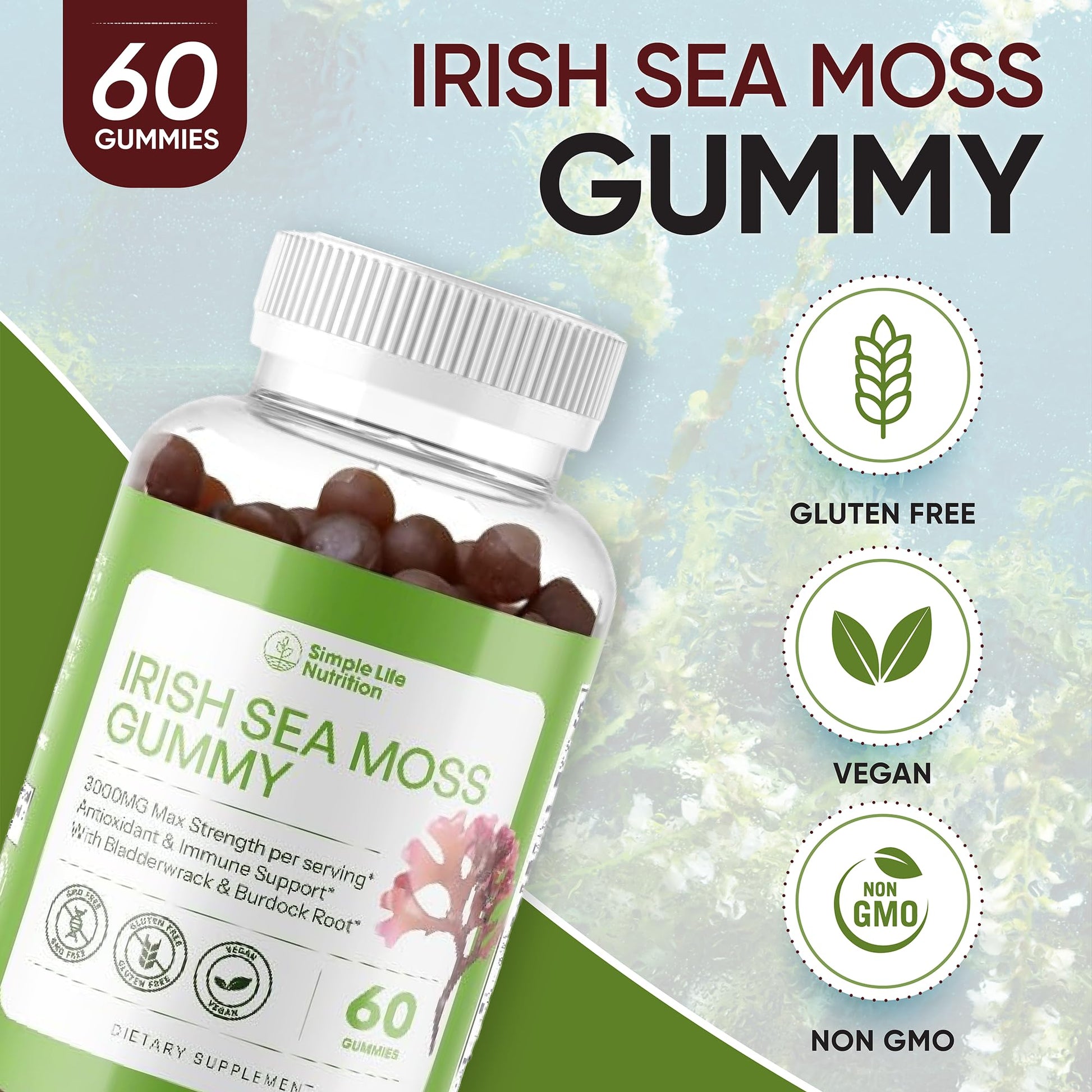 Simple Life Nutrition Organic Irish Sea Moss Gummies - Burdock Root and Bladderwrack Natural Blend - Immune System Gut Cleanse & Thyroid Supplement - Skin and Nail Health - 60CT - dailyvitalstore