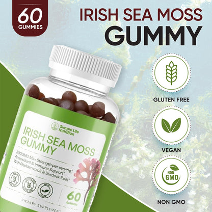 Simple Life Nutrition Organic Irish Sea Moss Gummies - Burdock Root and Bladderwrack Natural Blend - Immune System Gut Cleanse & Thyroid Supplement - Skin and Nail Health - 60CT - dailyvitalstore