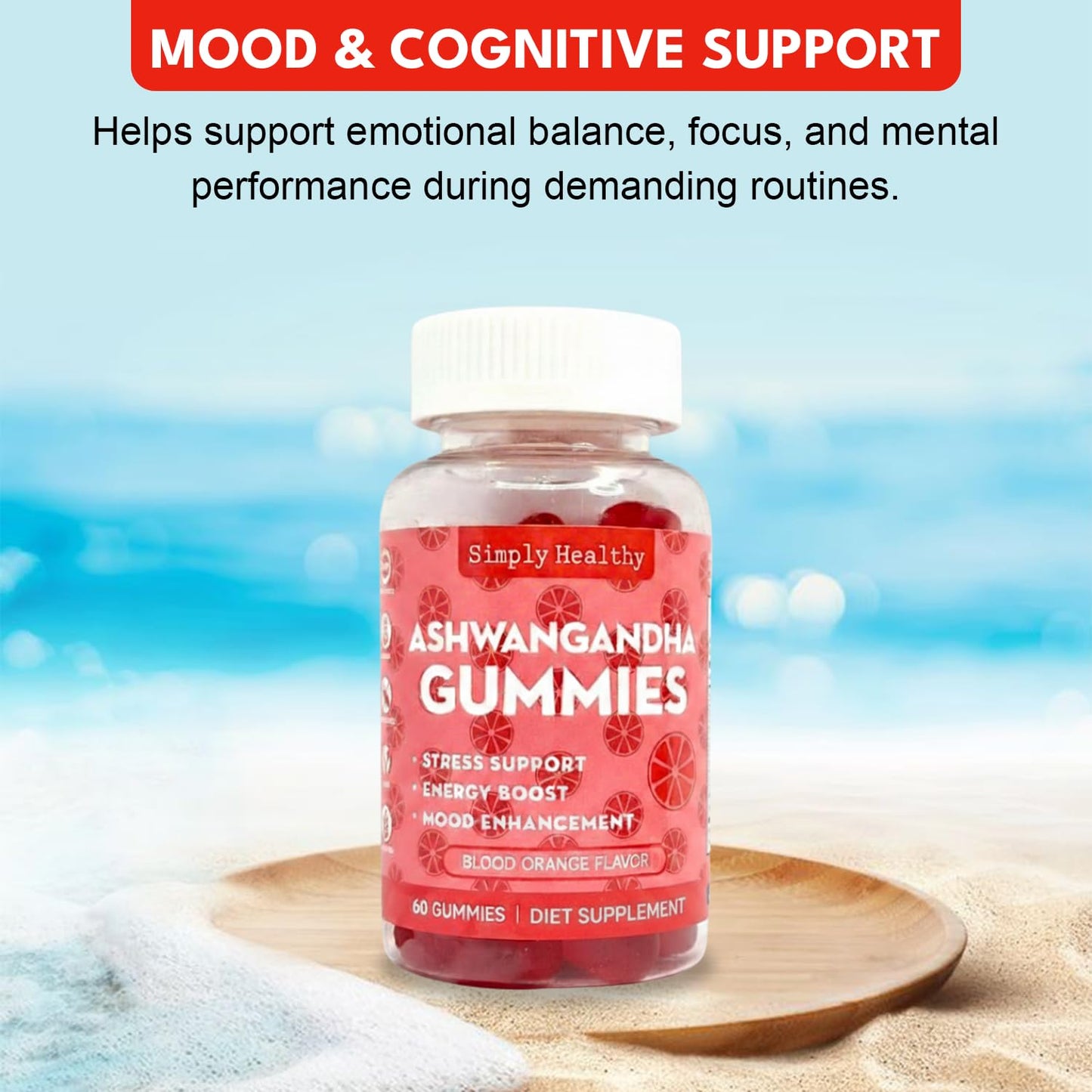 Simply Healthy Premium Ashwagandha Gummies, Stress Support with Blood Orange Flavor, Vegan, Easy to Chew, Daily Aid, Energy Booster, Mood Enhancer, for Both Men and Women, 60 Gummies - dailyvitalstore